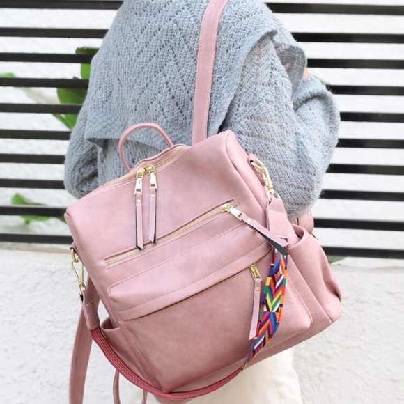 Luxe Vegan Leather Colorful Strap Backpack Shoulder bag - Picture 9 of 11
